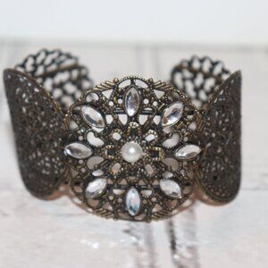 Beautiful bronze and silver rhinestone cuff bracelet 1.5" tall one size